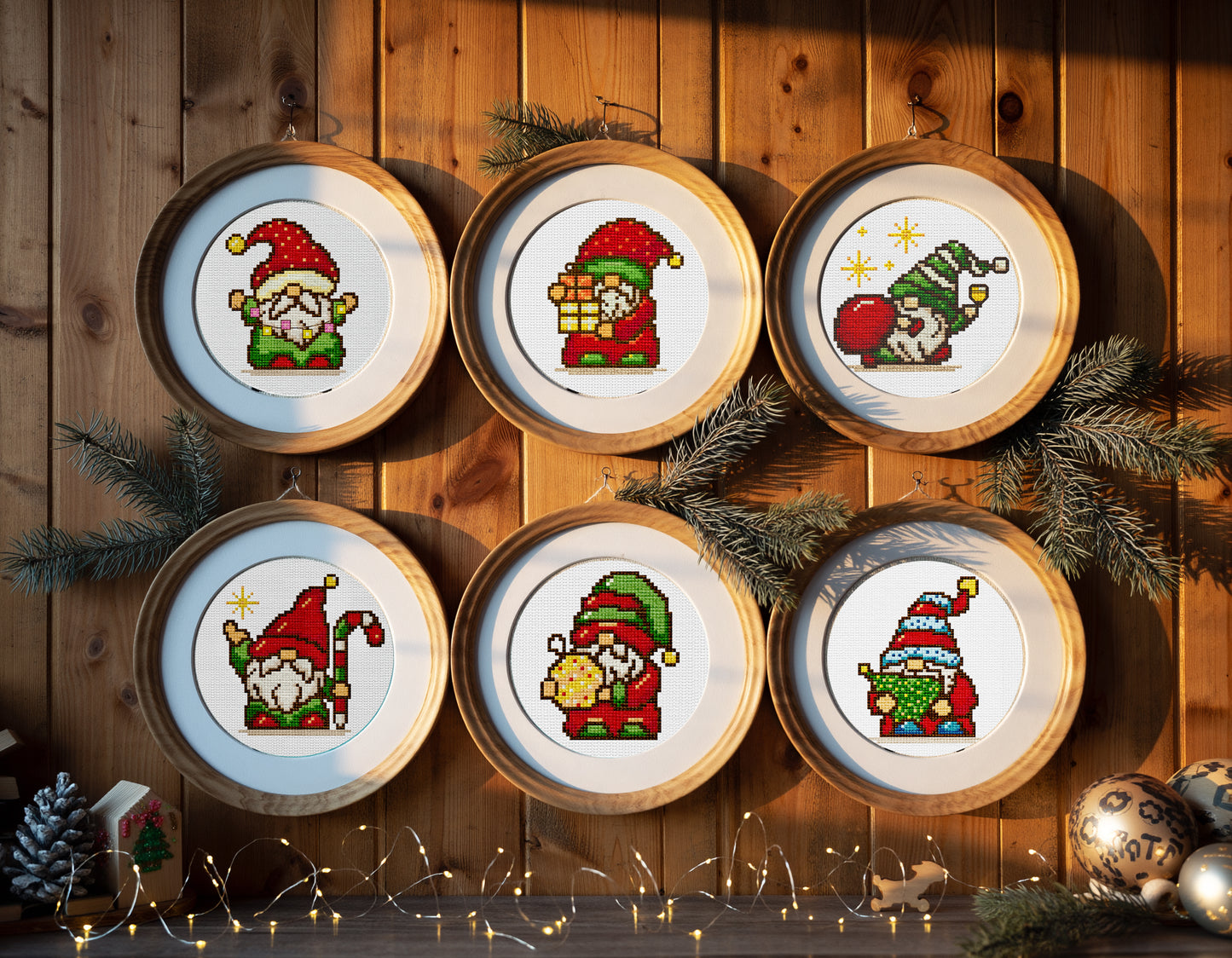 Christmas Gnome Cross-Stitch Pattern Set – 6 Holiday Embroidery Designs | Cute Winter Bundle for Cozy Home Decor