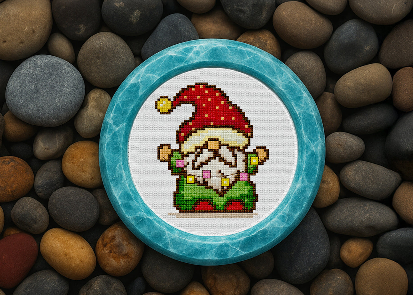 Christmas gnome cross-stitch art holding holiday garland