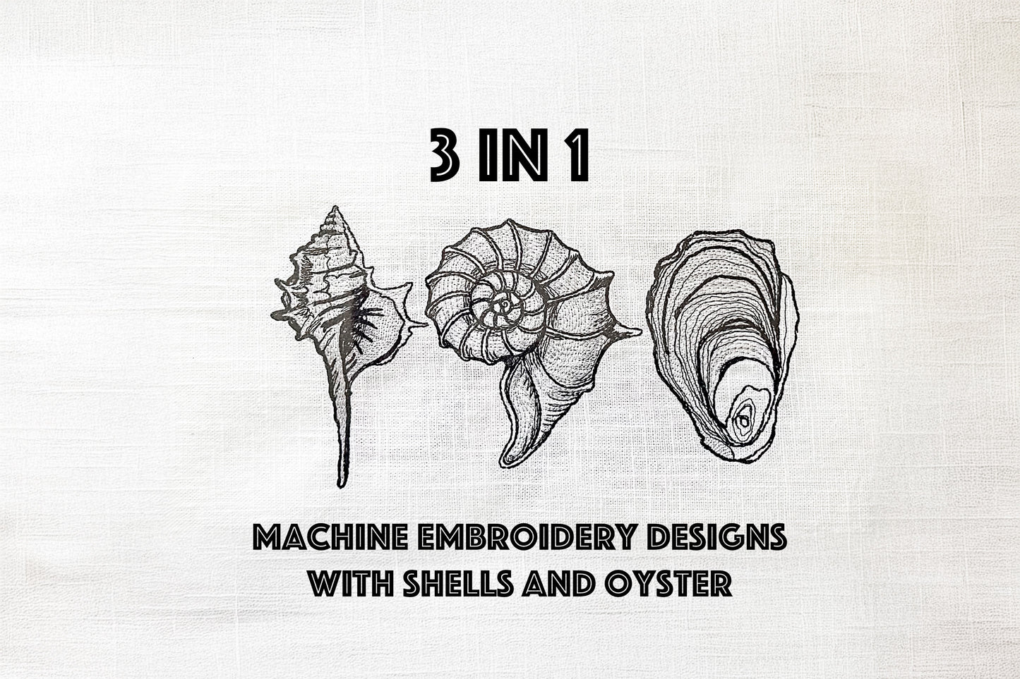Seashell Machine Embroidery Design Set, Nautilus Oyster Shell Line Art