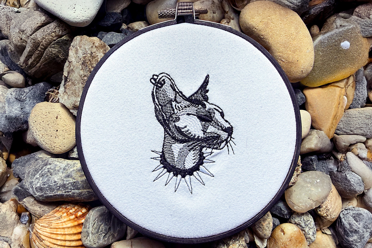 Gothic Sphinx Cat Embroidery Design in Minimalist Line Art Style