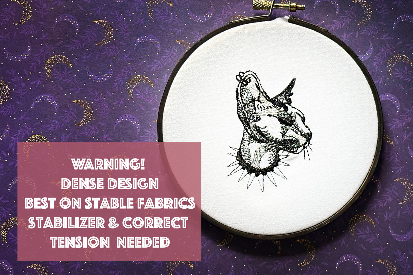 Gothic Sphinx Cat Embroidery Design in Minimalist Line Art Style