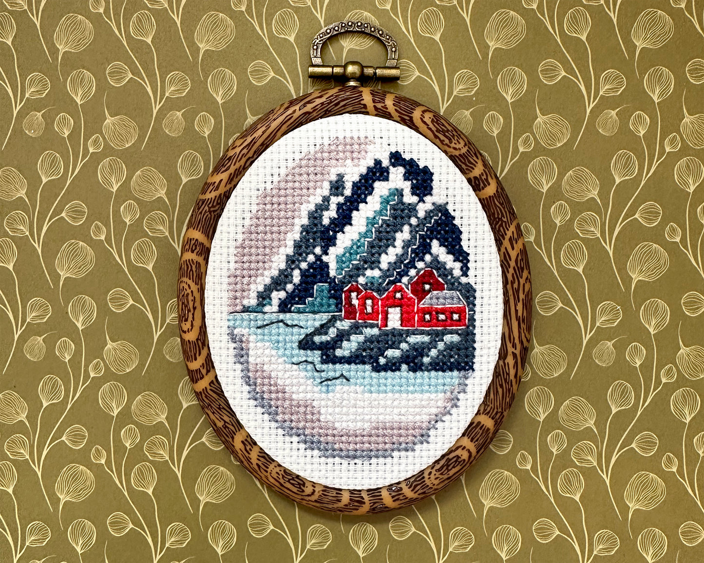 Norwegian winter Cross-Stitch Pattern – Red Houses Landscape Design