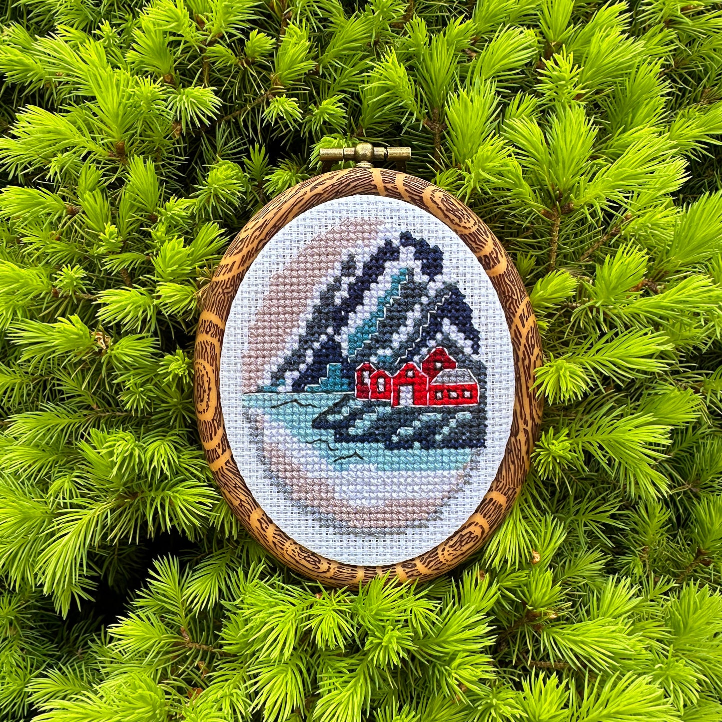 Norwegian winter Cross-Stitch Pattern – Red Houses Landscape Design