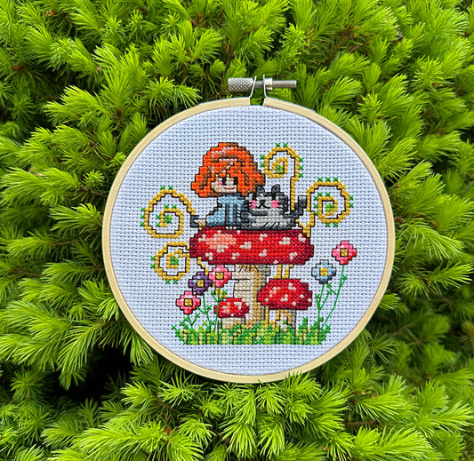 Girl on mushroom PDF cross stitch pattern