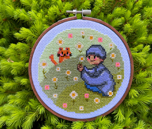 Boy with cat PDF cross stitch pattern