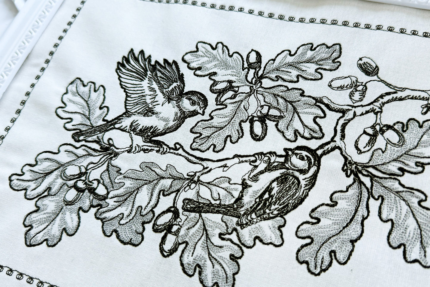Unique OOAK embroidery pattern with vintage-style birds and oak leaves
