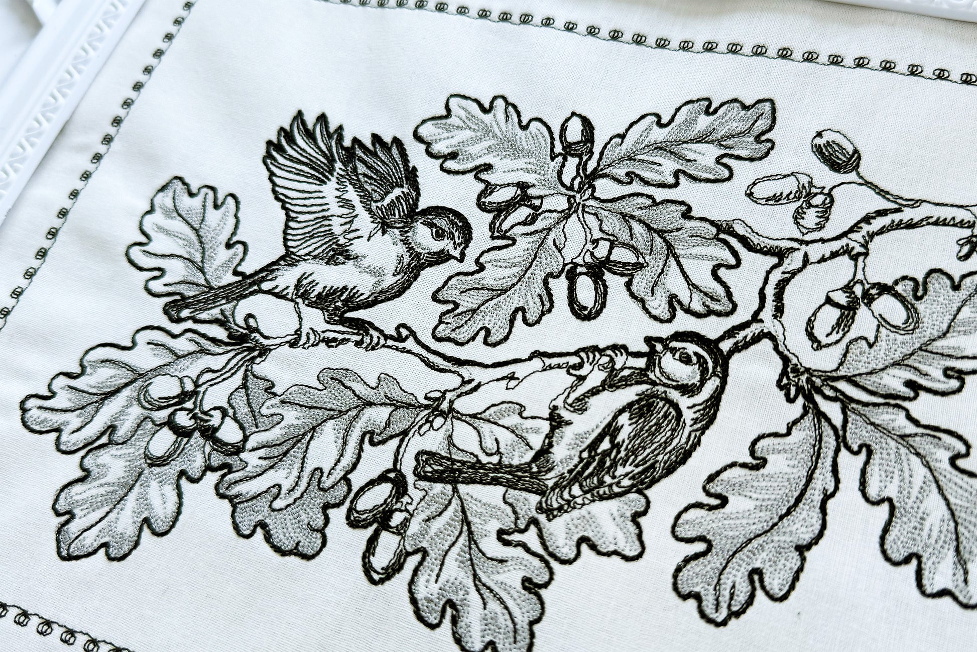 Unique OOAK embroidery pattern with vintage-style birds and oak leaves