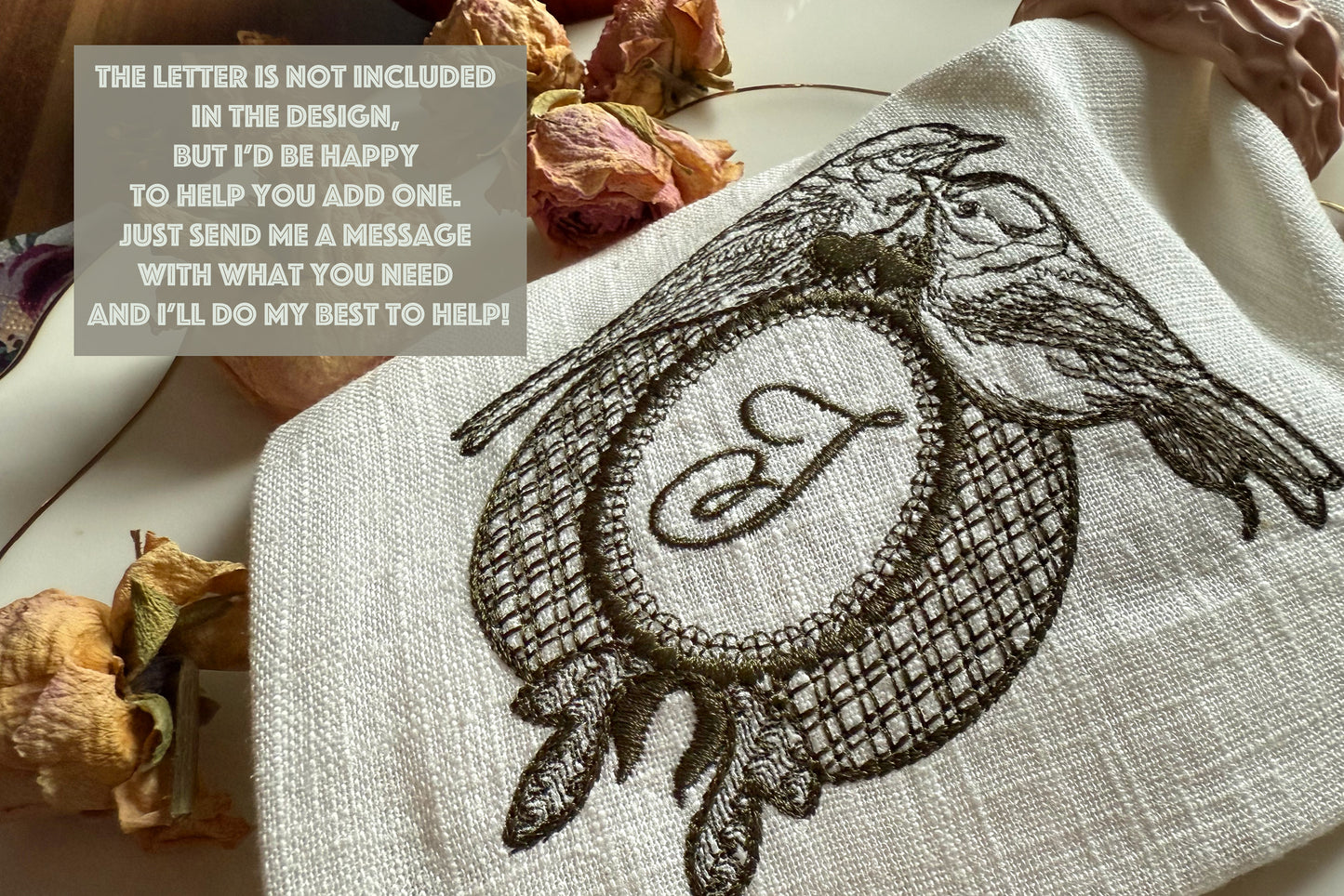 Embroidered design of a bird on a fabric with text overlay
