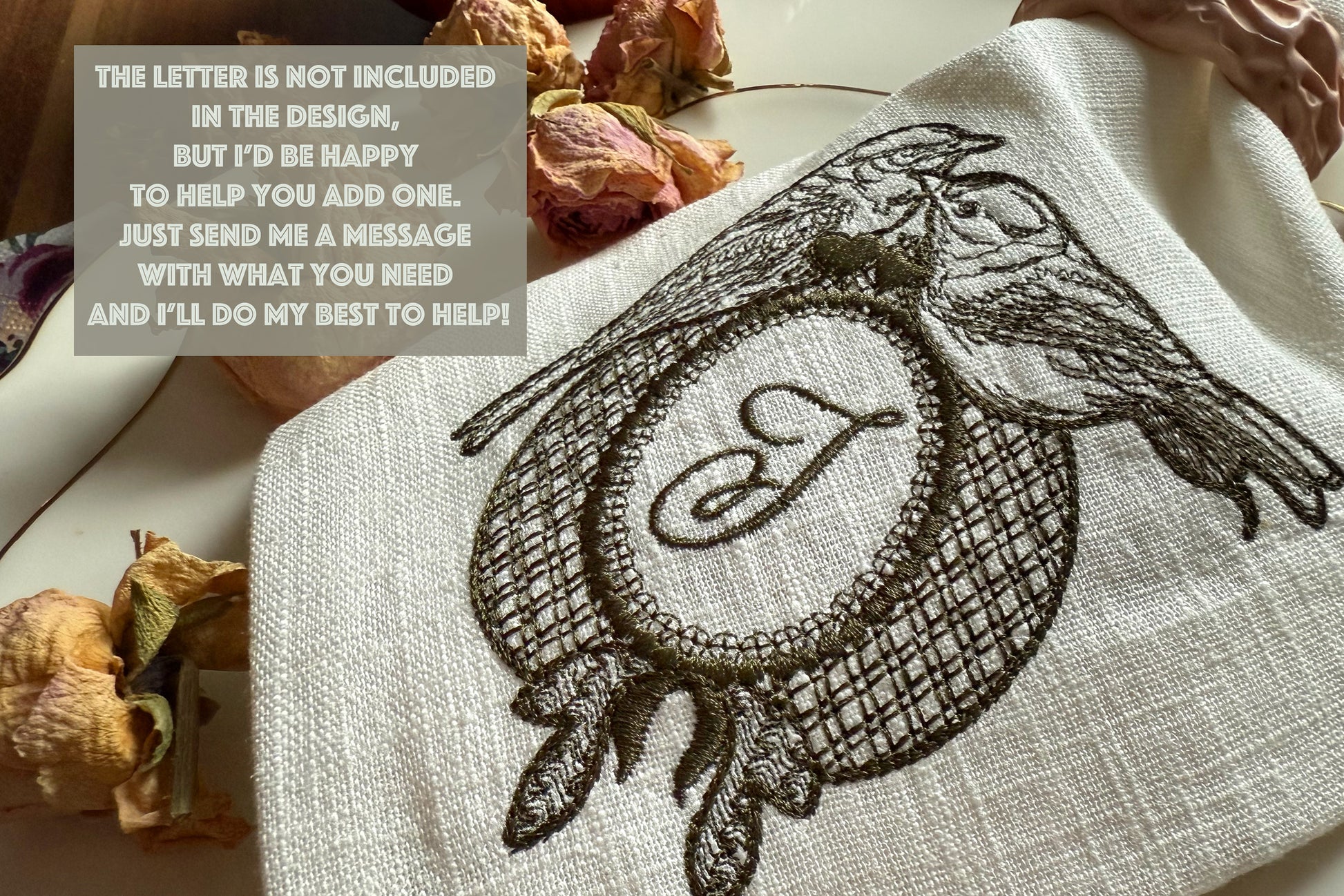Embroidered design of a bird on a fabric with text overlay