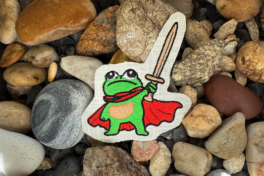 Brave frog machine embroidery with red cape and sword