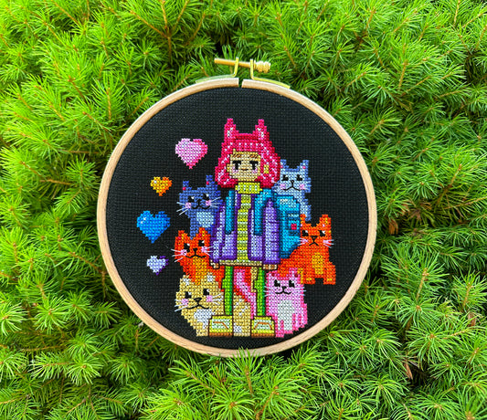 Neon Cat Girl PDF cross stitch pattern