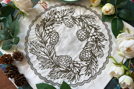 Christmas Machine Embroidery Frame with Pine Cones and Berries