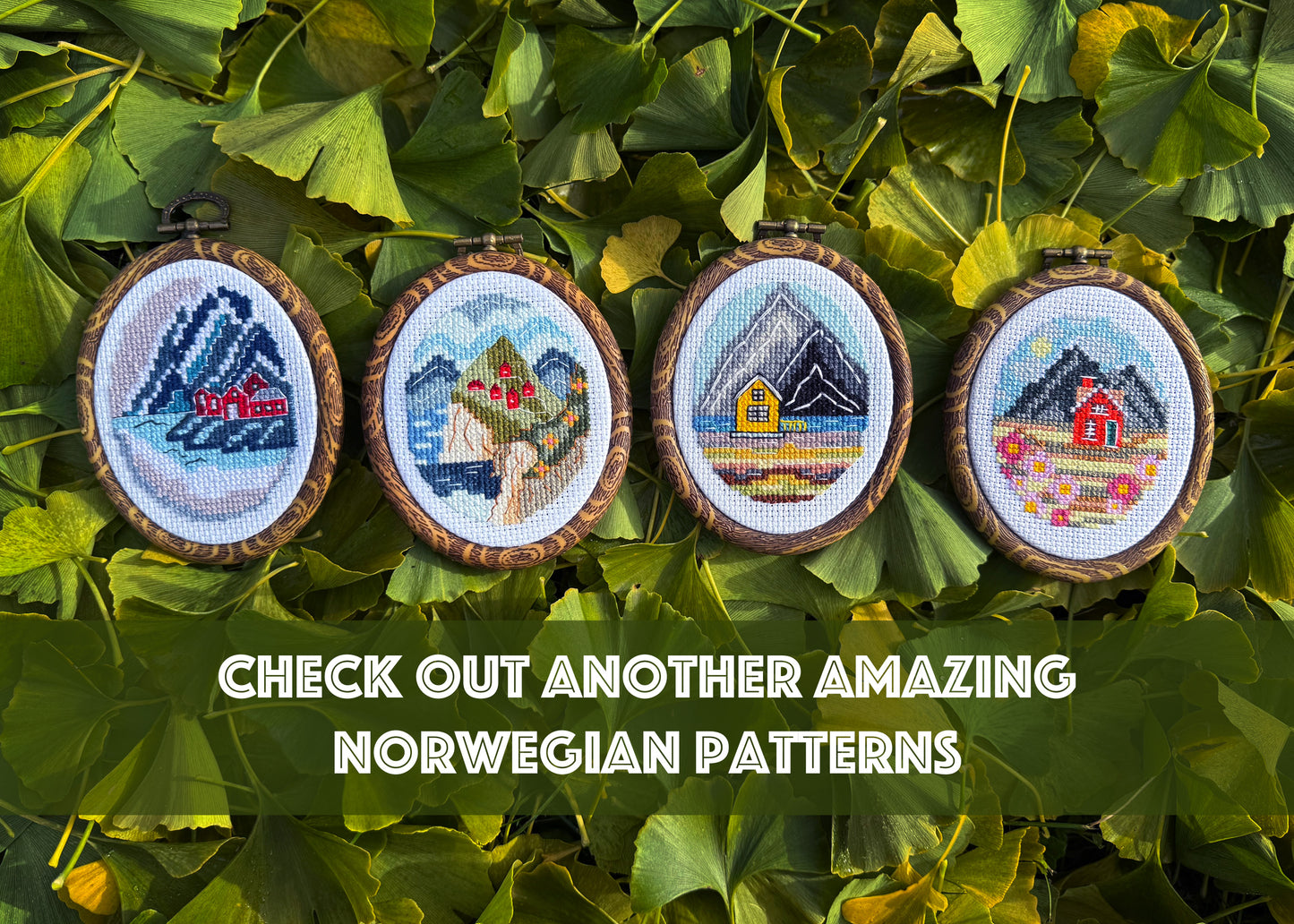 Four embroidered pieces with mountain and house designs on a green leaf background, with text promoting more patterns.