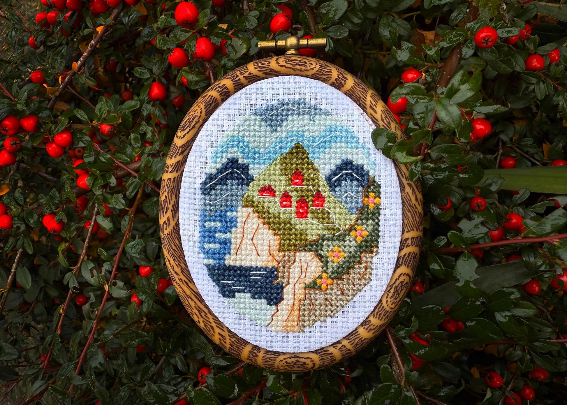 Scandinavian landscape embroidery pattern with blooming fields