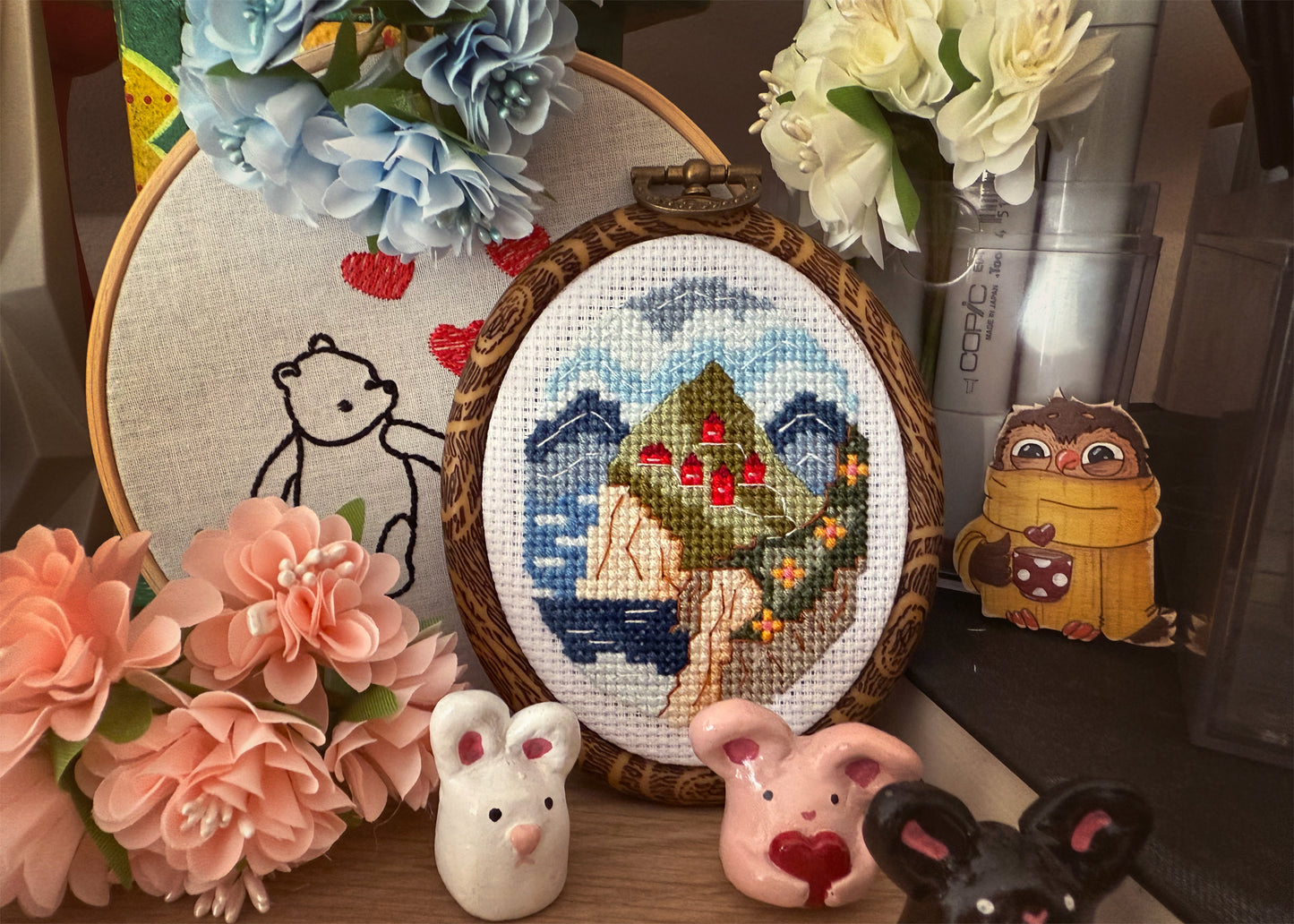 Norwegian Fjord Cross-Stitch Art – Red Houses and Spring Landscape Design