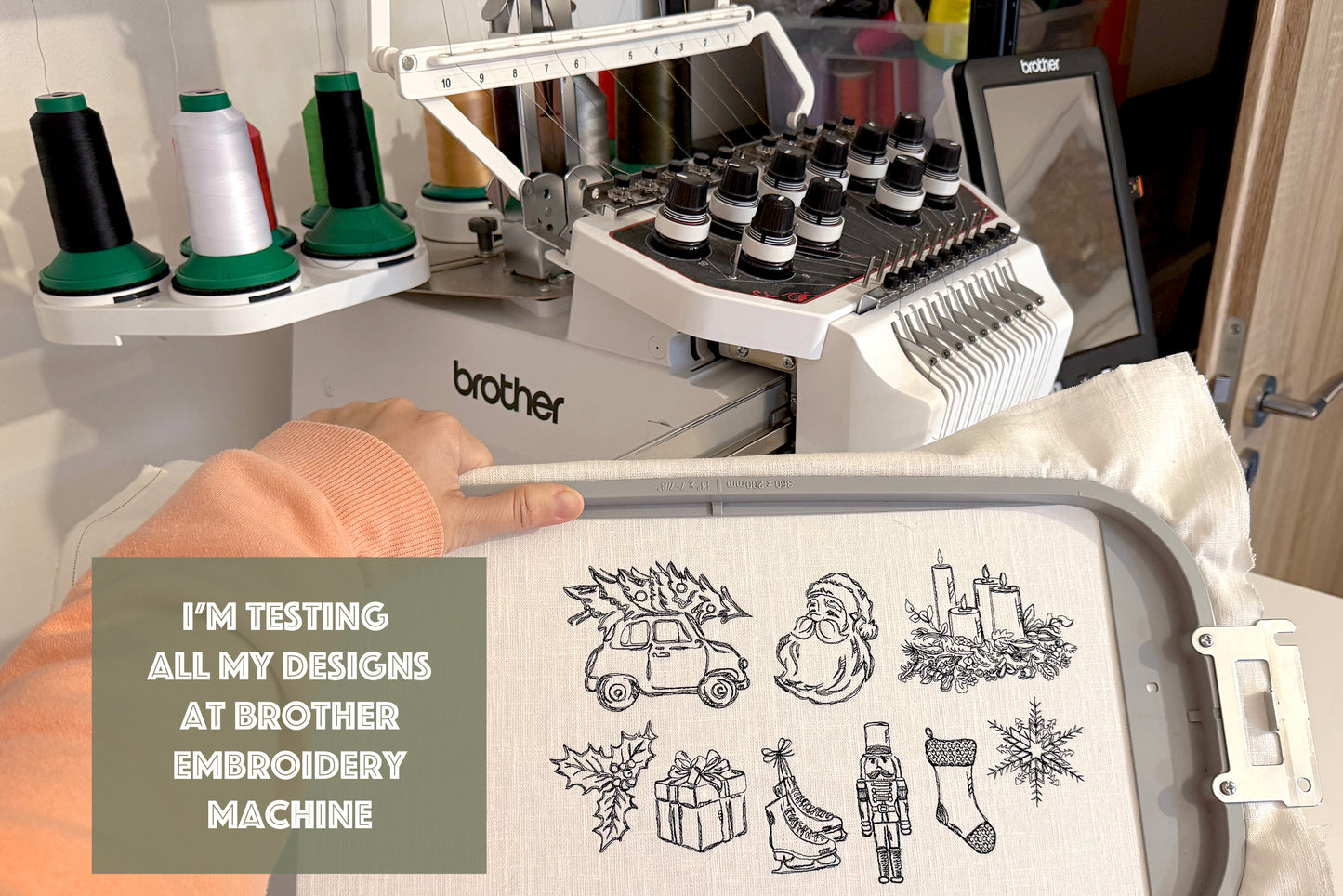 Christmas Machine Embroidery Set – 9 One-Line Holiday Designs for Beginners | Santa, Nutcracker, Snowflake, Holly, Gifts