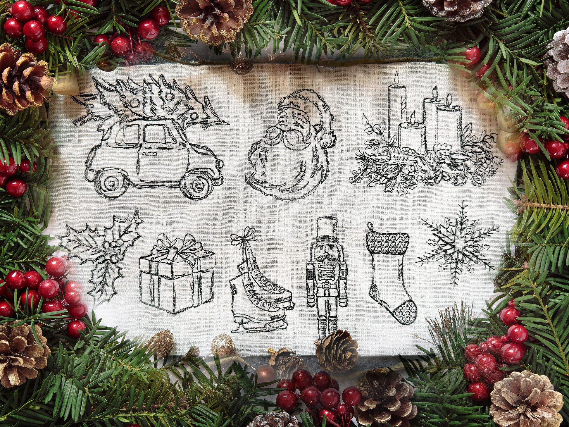 Christmas machine embroidery set with nine one-line holiday designs