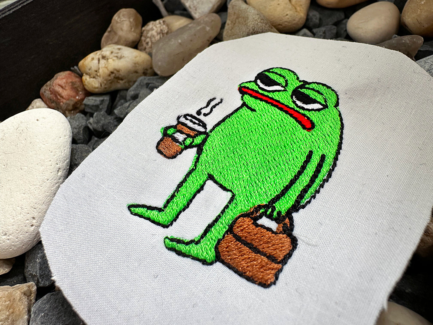 Morning frog machine embroidery, grumpy frog machine embroidery