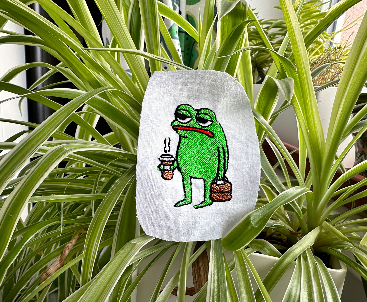 Morning frog machine embroidery, grumpy frog machine embroidery