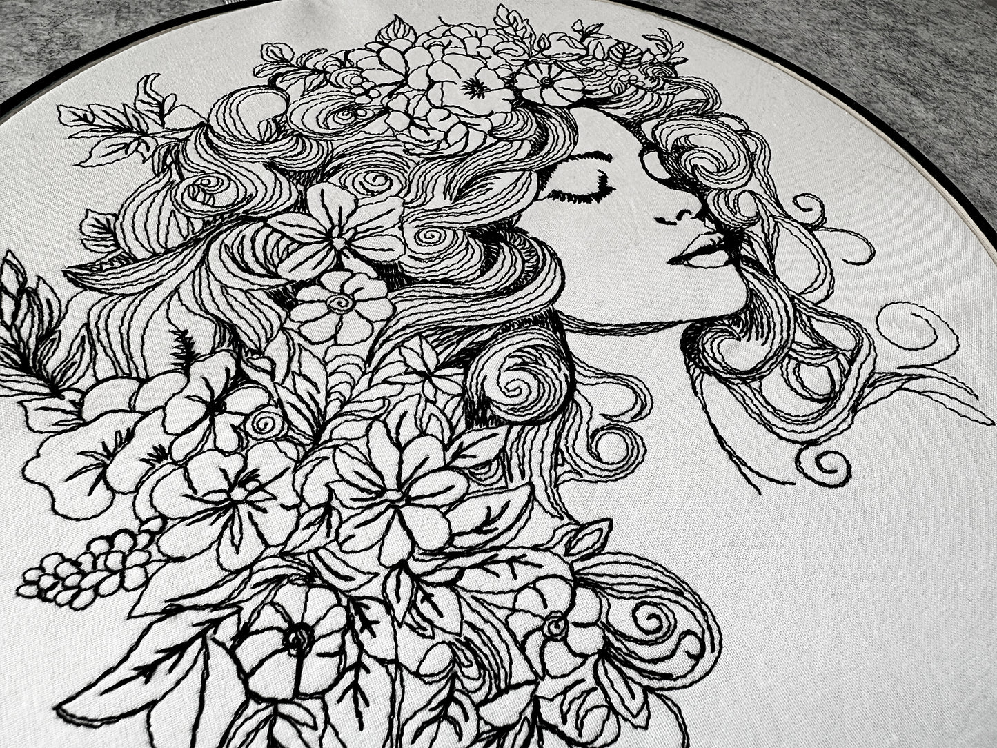 Lady face in flowers machine embroidery digital design