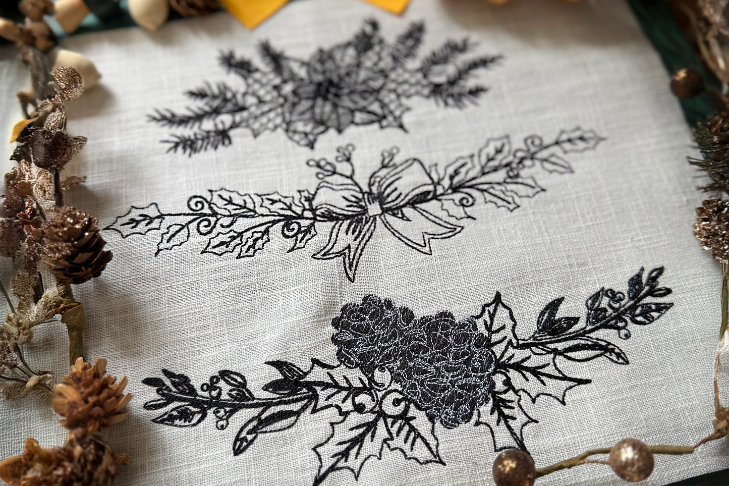 Christmas Machine Embroidery Bundle – Three Holiday Ornament Designs (Bow, Pinecones and Holly)