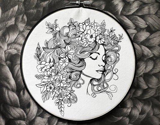 Lady face in flowers machine embroidery digital design
