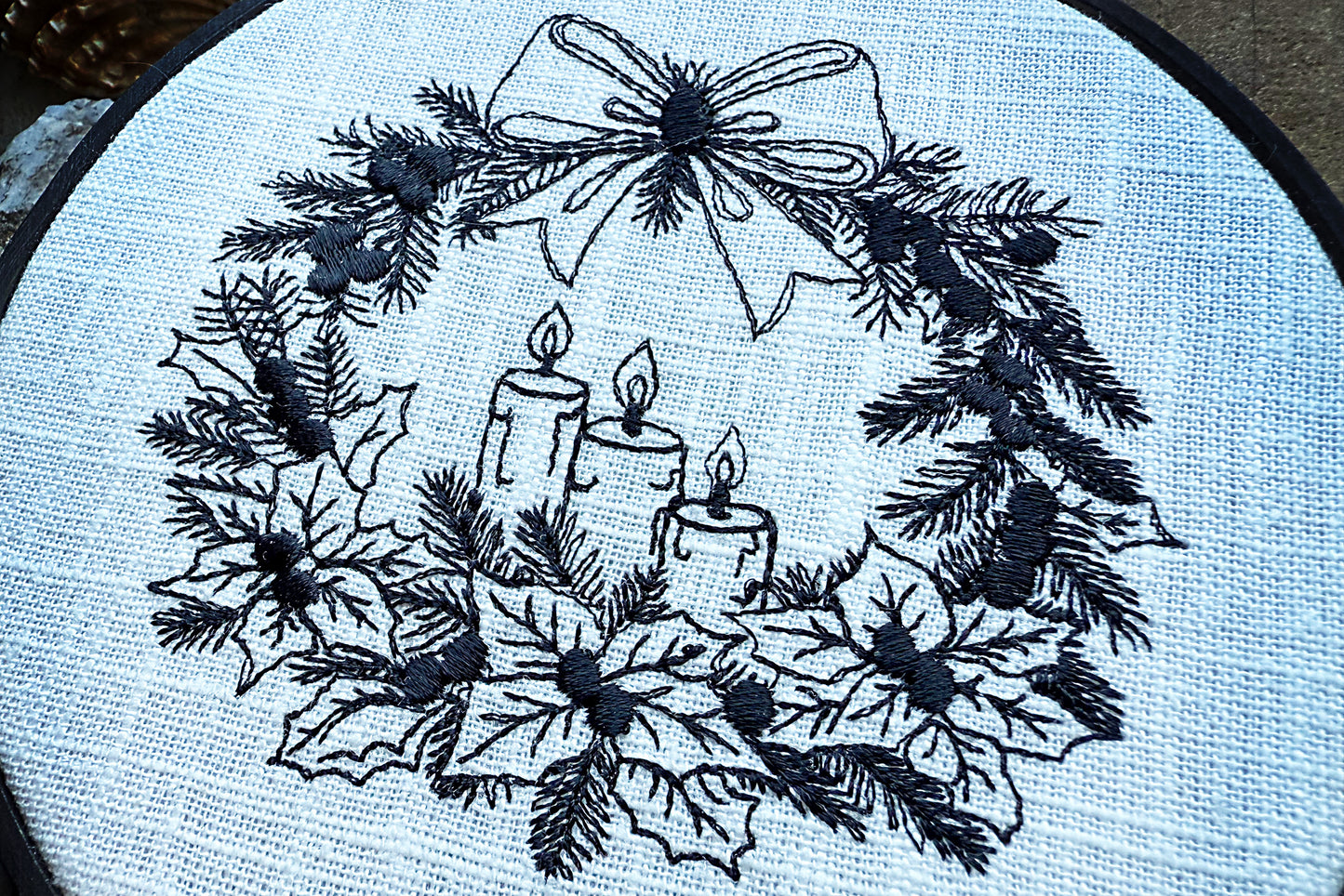 Christmas Candle Embroidery Design – Holiday Wreath with Bow, Holly and Berries