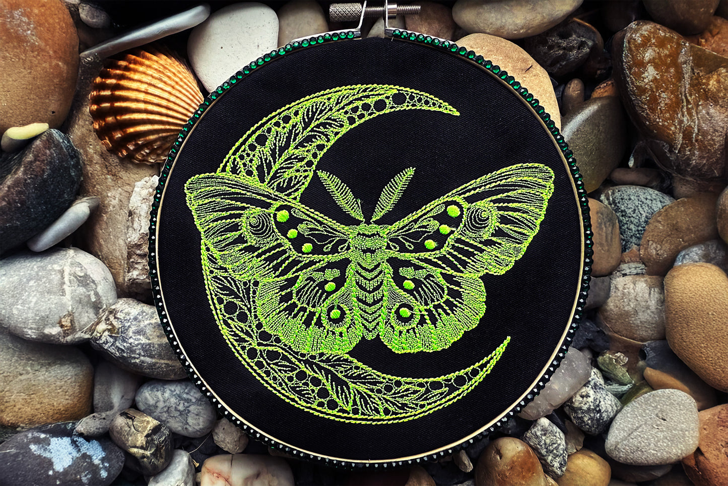 Moth and Moon Embroidery Design – Gothic One-Line Machine Stitch for Decor or Clothing