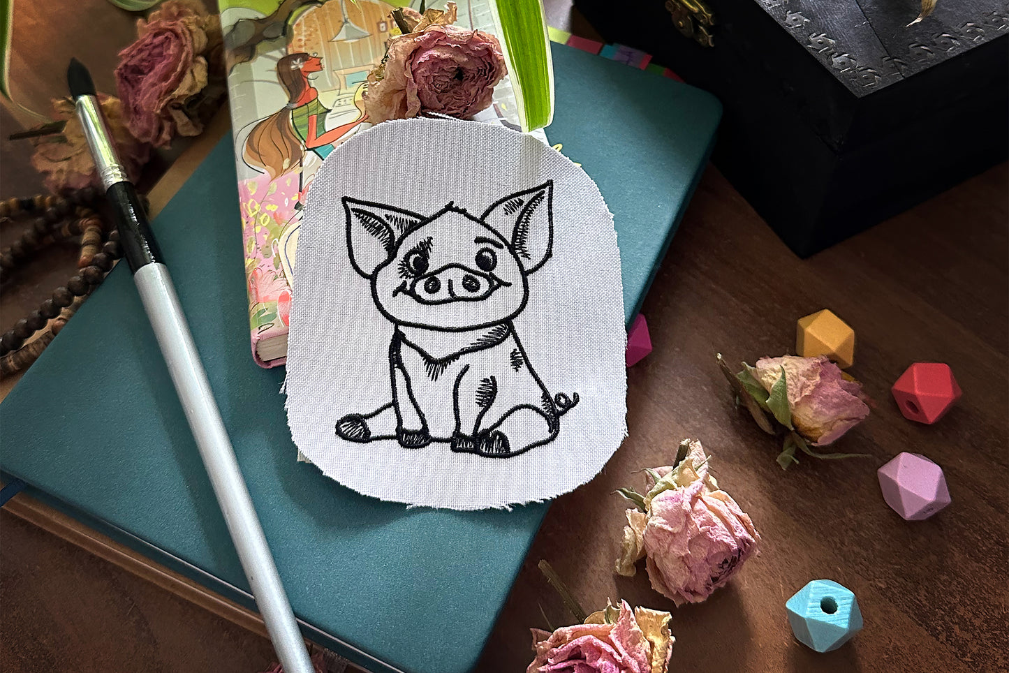Happy mini pig machine embroidery design