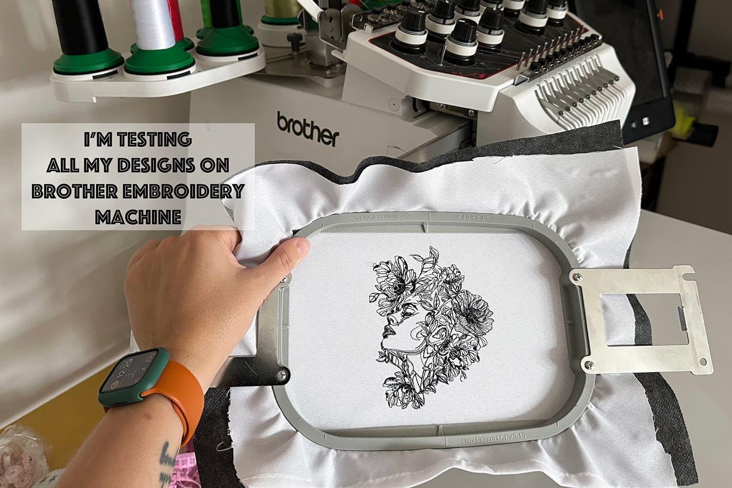 One line lady face machine embroidery
