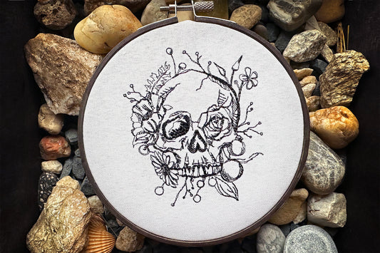 Scull in flowers machine embroidery