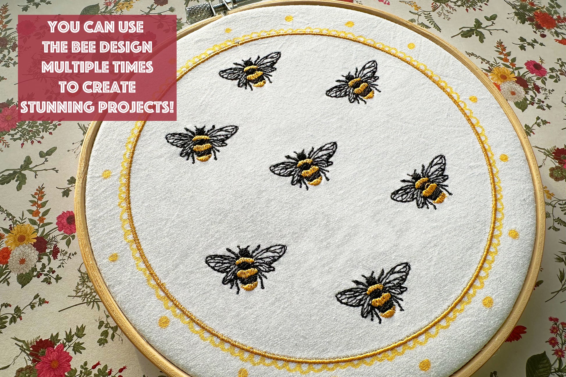 Design inspiration – multiple bees stitched from one file in different orientations