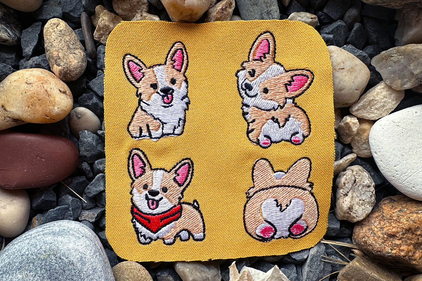 Corgi embroidery patch designs with pink paws and happy expressions