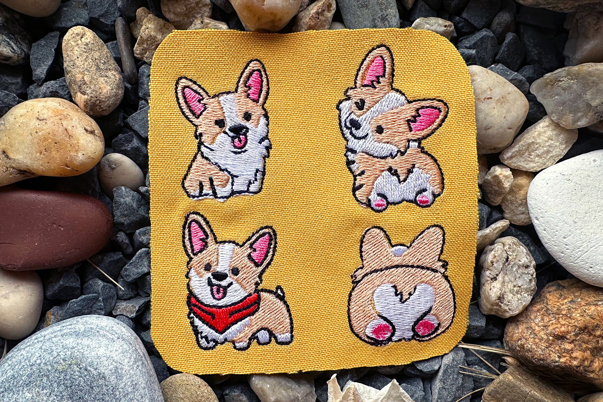 Corgi embroidery patch designs with pink paws and happy expressions