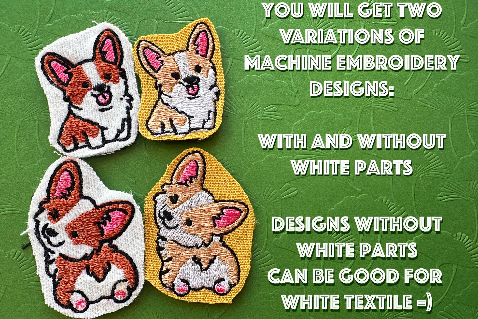 Easy embroidery pattern bundle featuring playful corgi dogs