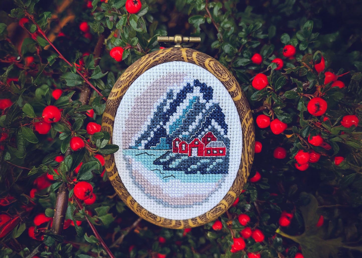 Norwegian winter Cross-Stitch Pattern – Red Houses Landscape Design