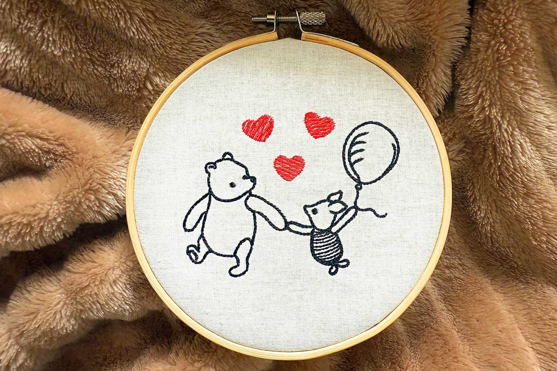 Minimalist Pooh and Piglet stitched design with balloon and hearts