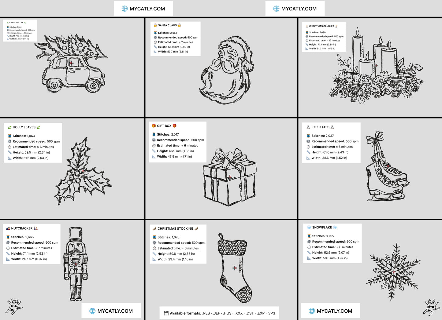 Grid of black and white Christmas-themed illustrations on a gray background with 'MYCATLY.COM' branding.