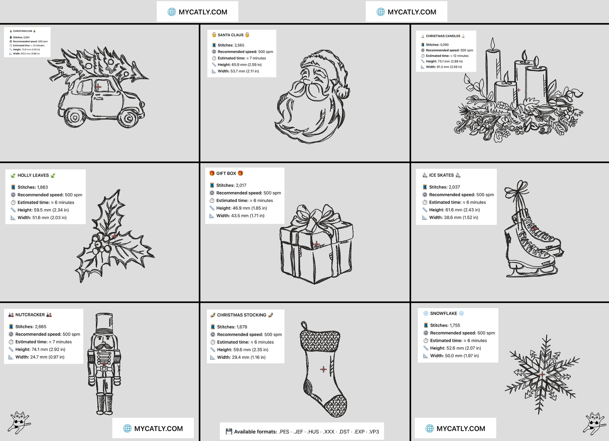 Grid of black and white Christmas-themed illustrations on a gray background with 'MYCATLY.COM' branding.