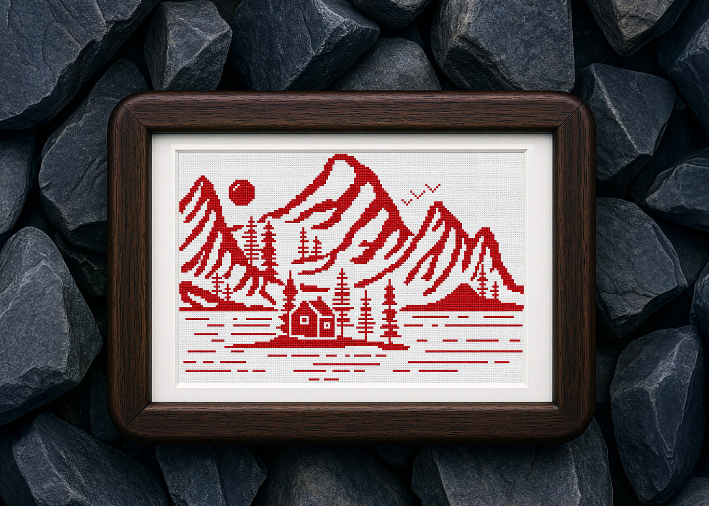 Norwegian Landscape Cross-Stitch Pattern – Scandinavian Mountain Embroidery Design | Nordic Cabin Wall Art Decor