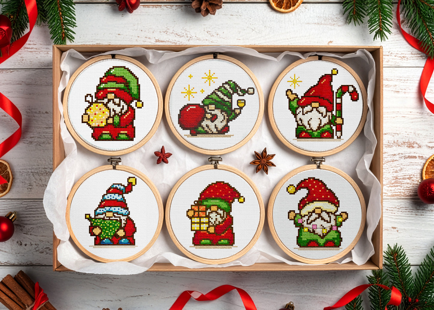 Christmas Gnome Cross-Stitch Pattern Set – 6 Holiday Embroidery Designs | Cute Winter Bundle for Cozy Home Decor