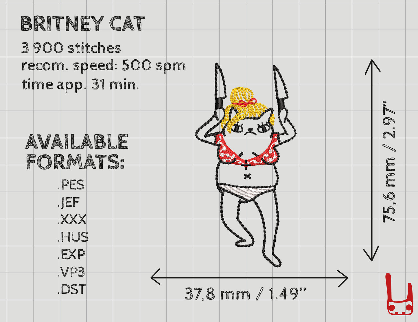 Embroidery design of a cat with text on stitches, speed, time, and formats.