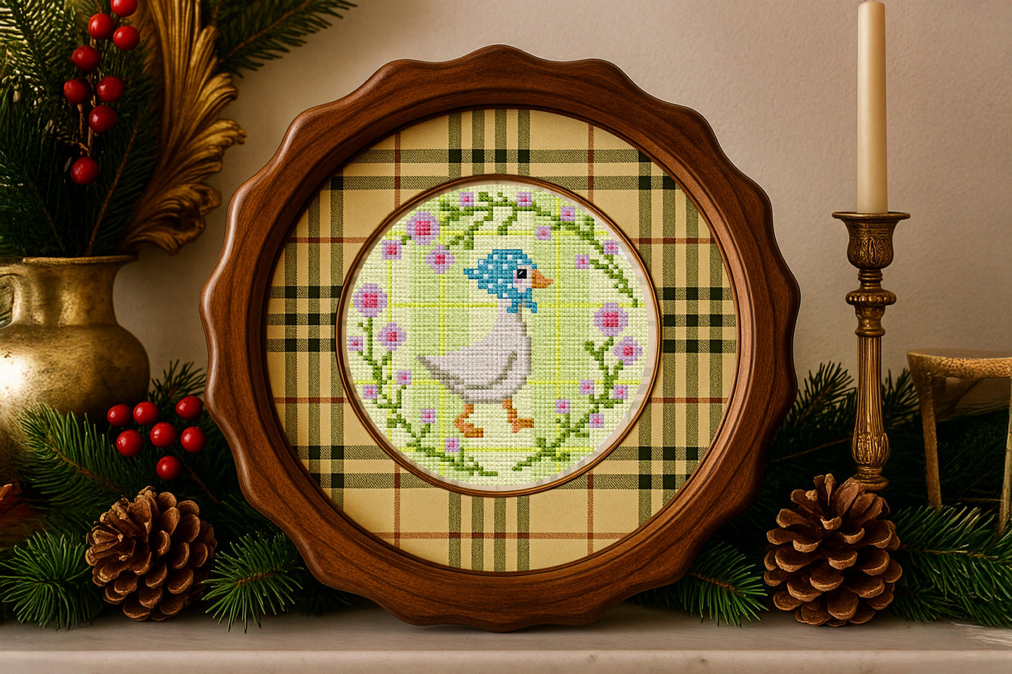 Modern farmhouse embroidery design featuring a goose and flowers
