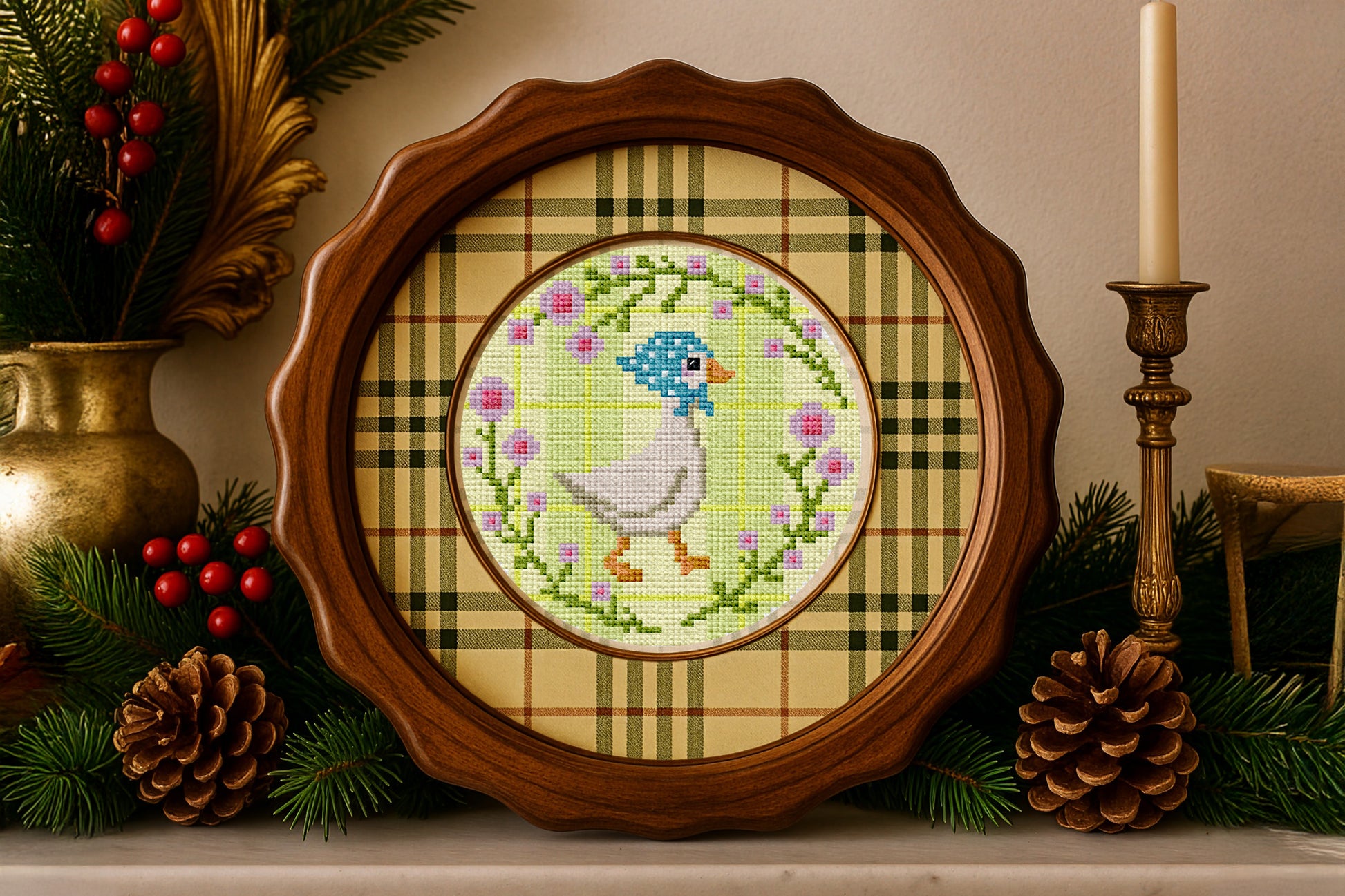 Modern farmhouse embroidery design featuring a goose and flowers