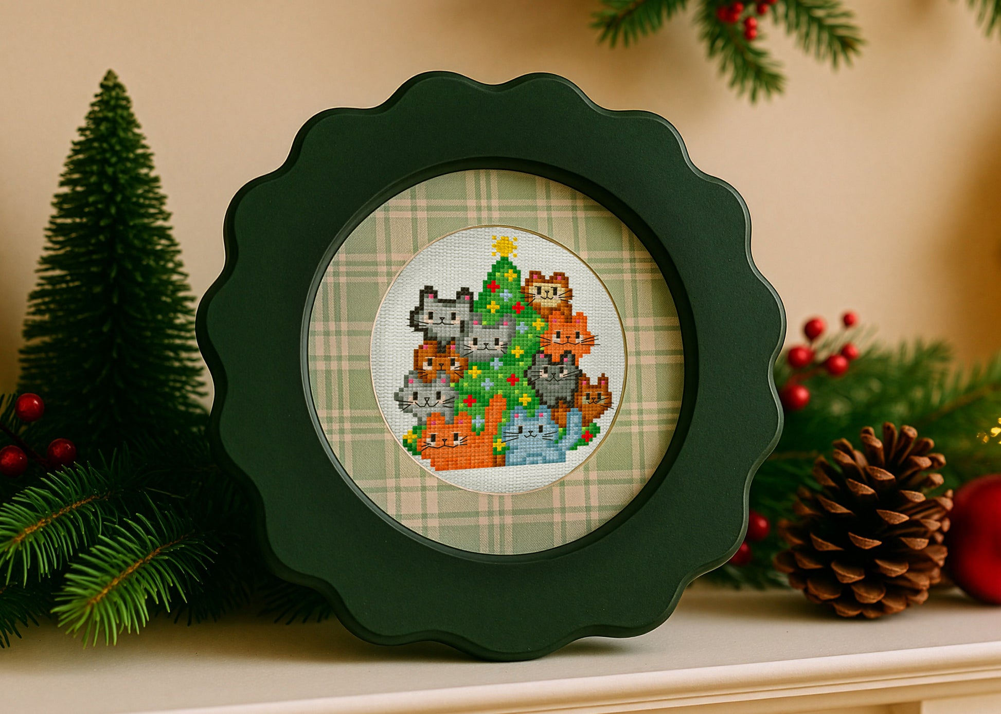 Decorative framed picture of cats around a Christmas tree with festive background