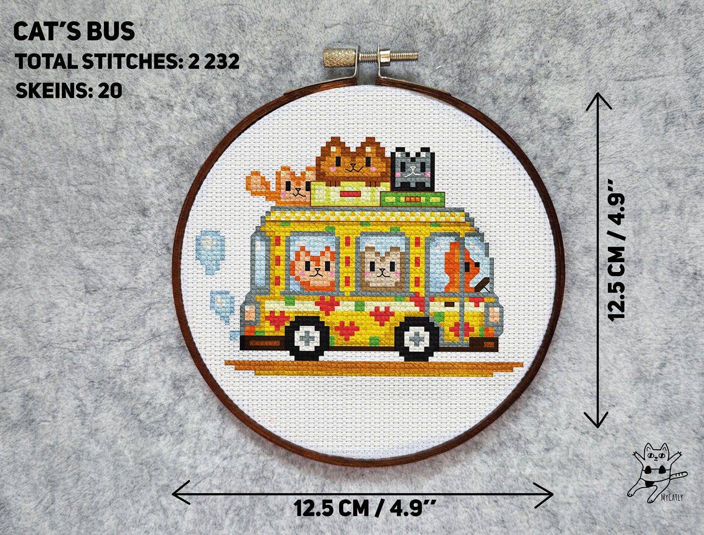 Cute Cat Bus Cross-Stitch Pattern – Pixel Art Yellow Bus with Funny Cats