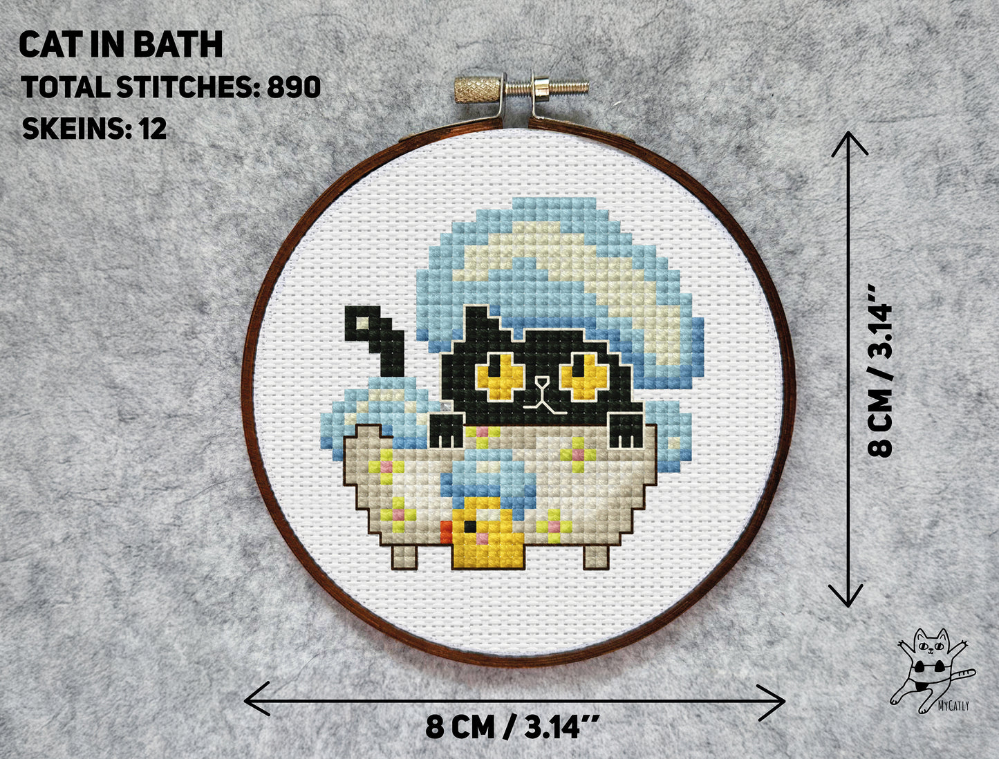 Black Cat in Bathtub Cross-Stitch Pattern – Cute Pixel Art with Bubbles and Duck