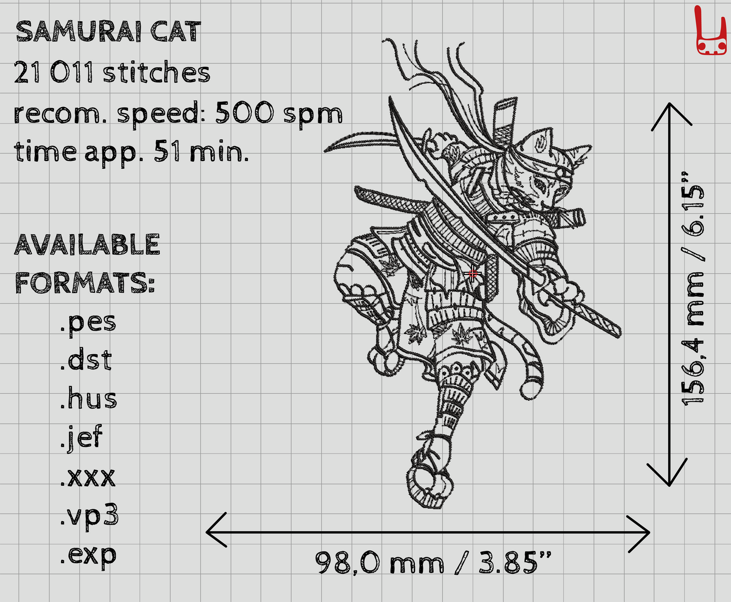 Cat samurai machine embroidery design