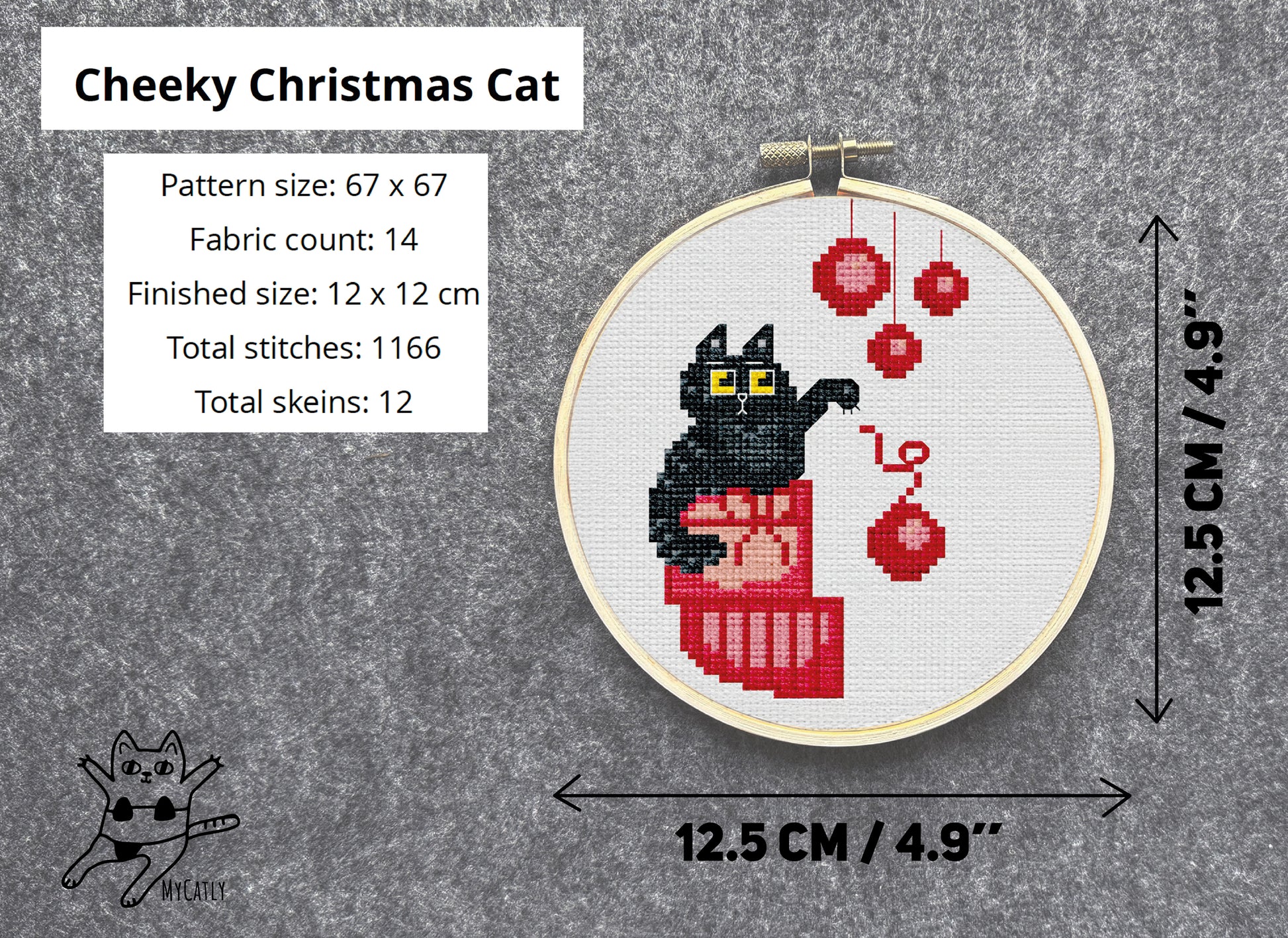 Cross-stitch pattern of a black cat with red balls on a gray background