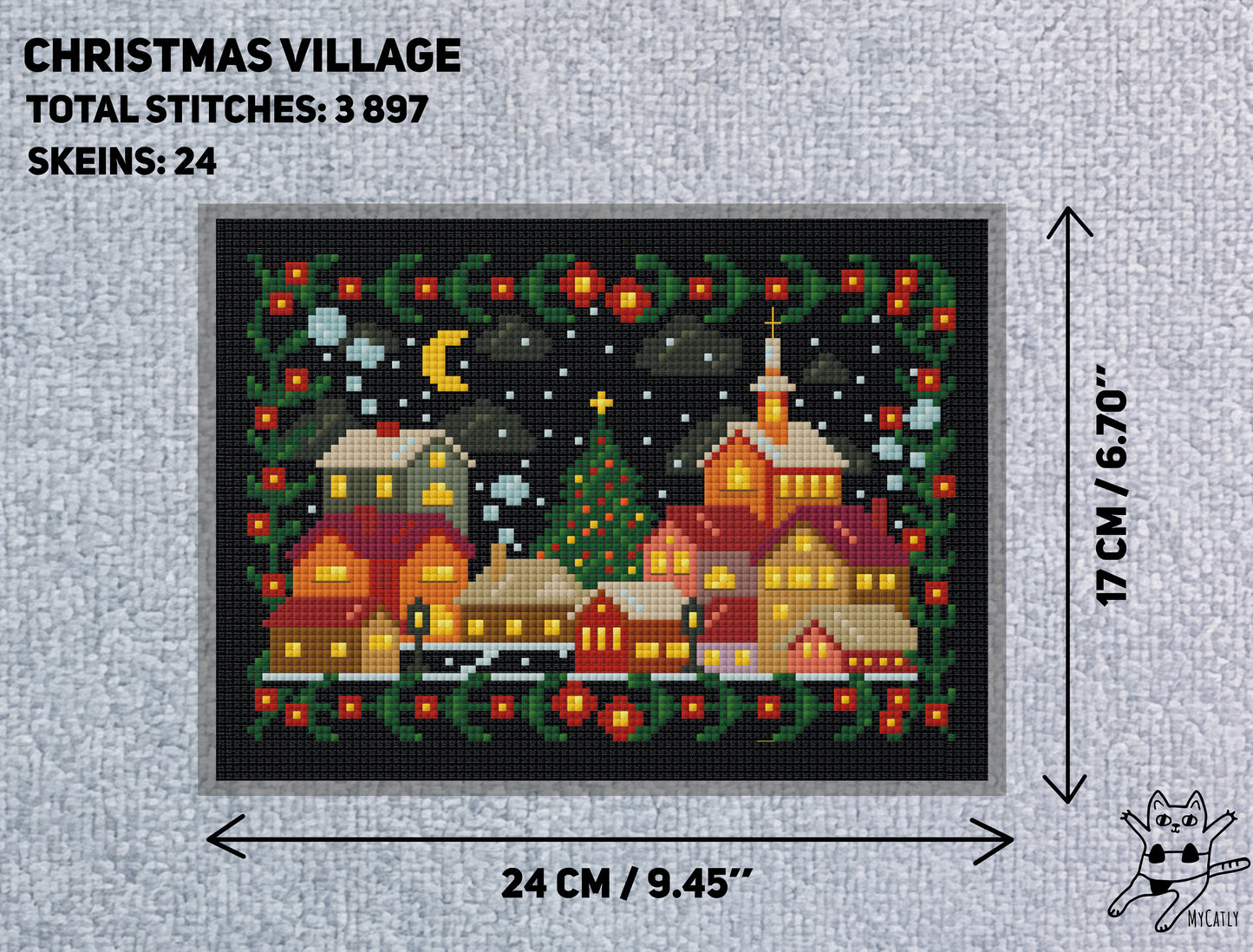 Cozy Christmas Village Cross-Stitch Art – European Winter Scene with Church and Tree